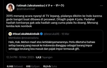 Salah satu warganet menceritakan pengalaman tak mengenakan saat ia ditagih Rp 4,8 juta untuk piala acara menyanyi yang ia dapat dari Jepang.