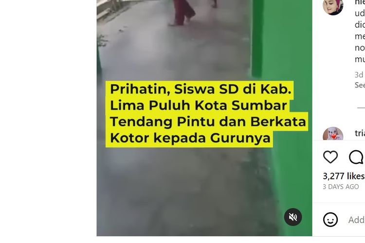 Viral di media sosial sebuah video yang memperlihatkan seorang siswa sekolah dasar (SD) memaki gurunya lalu menendang pintu kelas. Peristiwa itu diketahui berada di sebuah SD di Akabiluru, Kabupaten Limapuluh Kota, Sumatera Barat.
