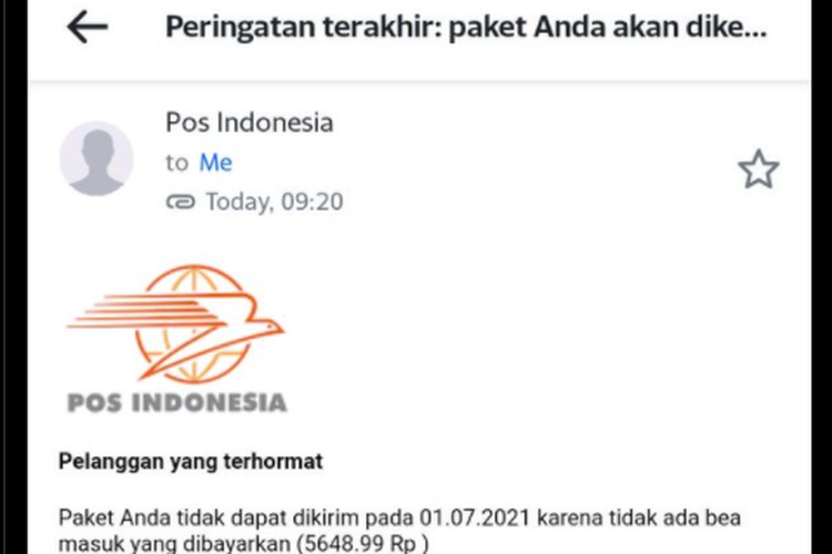 Tangkapan layar unggahan soal email yang mengatasnamakan PT Pos Indonesia diduga merupakan praktik phising.