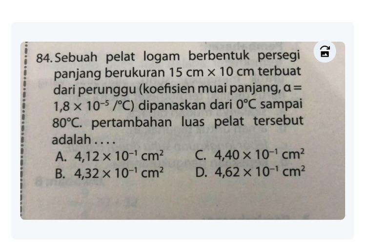 tangkapan layar contoh soal menghitung pertambahan luas pelat logam yang memuai.