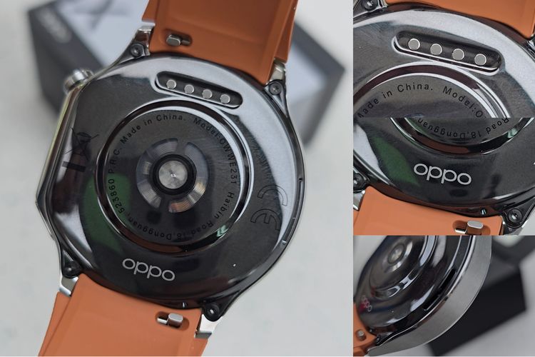 Penampakan bagian belakang jam tangan Oppo Watch X memiliki sensor detak jantung 8-channel dan sensor oksigen darah 16-channel. Sensor-sensor tersebut dikombinasikan dengan algoritma yang dikembangkan sendiri oleh OPPO Sense mampu secara akurat memantau setiap tanda vital nonstop.