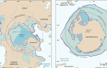 Samudra Arktik (kiri) dan Samudra Antarktika (kanan).