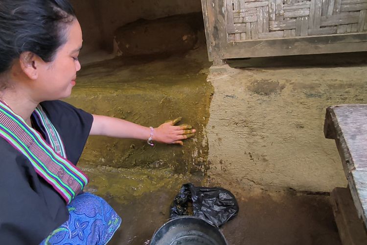 Anggi, seorang warga suku Sasak di Desa Sade, Lombok Tengah, NTB, mengepel rumah dengan kotoran sapi atau belulut pada Sabtu (2/8/2025) siang.