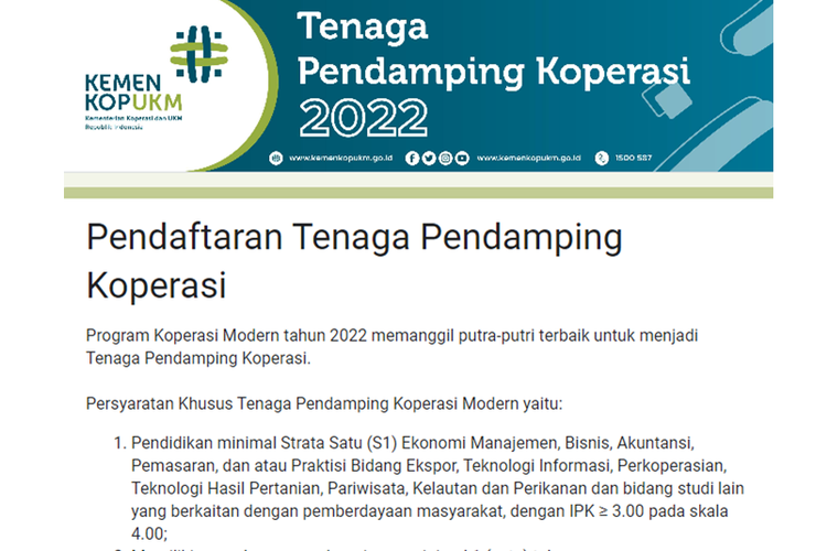 Tangkapan layar laman pendaftaran tenaga pendamping koperasi 2022.