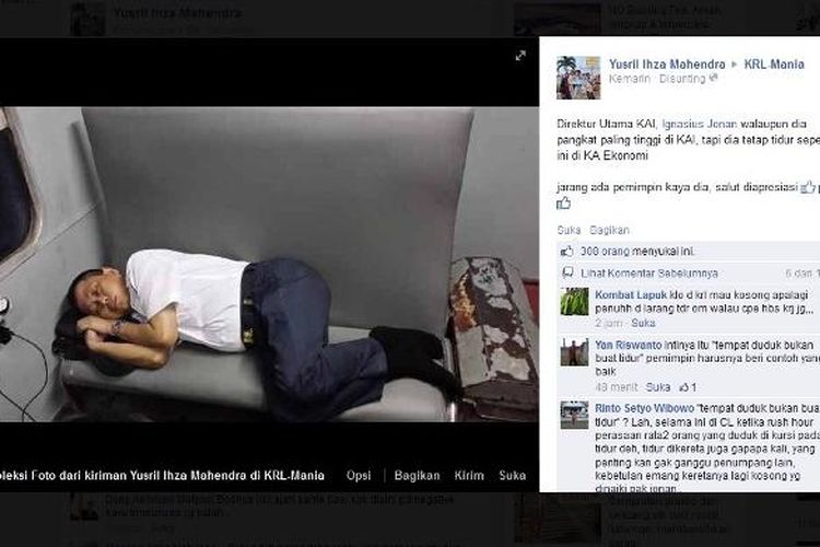 Foto Dirut PT KAI Ignasius Jonan tengah tidur di dalam gerbong KA Ekonomi beredar di media sosial