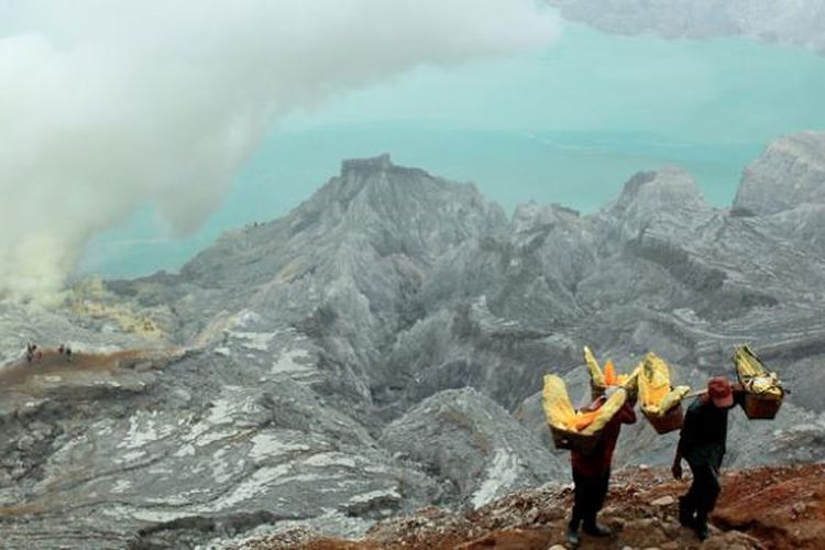 Petambang memikul belerang seberat lebih dari 70 kilogram. Mereka harus menempuh jarak sejauh 3 kilometer dari kawah Gunung Ijen menuju Pos Paltuding di kawasan Ijen, Kabupaten Banyuwangi, Jawa Timur. Masyarakat sekitar Gunung Ijen kini sudah mengantisipasi gejala bencana dari kawah tersebut.