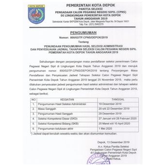 Surat mundurnya jadwal pengumuman hasil seleksi administrasi CPNS Pemkot Depok