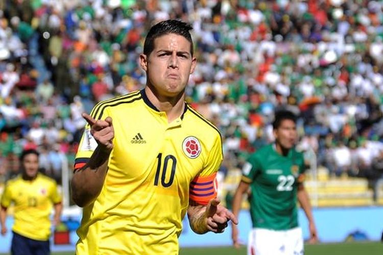 Kapten tim nasional Kolombia, James Rodriguez, merayakan gol ke gawang Bolivia pada partai Pra-Piala Dunia di La Paz, 24 Maret 2016.