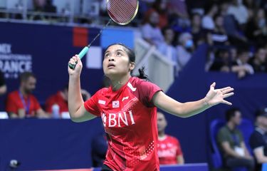 Tunggal putri Indonesia, Gregoria Mariska Tunjung, ketika menghadapi Beiwen Zhang (Amerika Serikat) pada 32 besar French Open 2022, Selasa (25/10/2022). Terkini, Gregoria Mariska Tunjung berhasil lolos ke perempat final Hylo Open 2022 usai menekuk wakil Thailand, Pornpawee Chochuwong pada fase 16 besar di Saarlandhalle, Saarbruecken, Jerman, Jumat (4/11/2022) dini hari WIB.