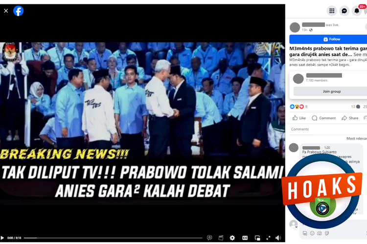 Tangkapan layar konten hoaks di sebuah akun Facebook, Kamis (14/12/2023), soal Prabowo menolak bersalaman dengan Anies.