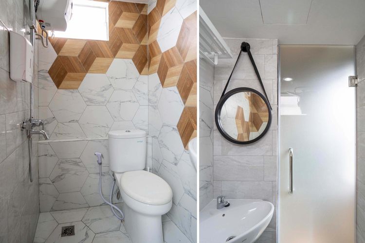 Kamar mandi modern dengan pola heksagonal 