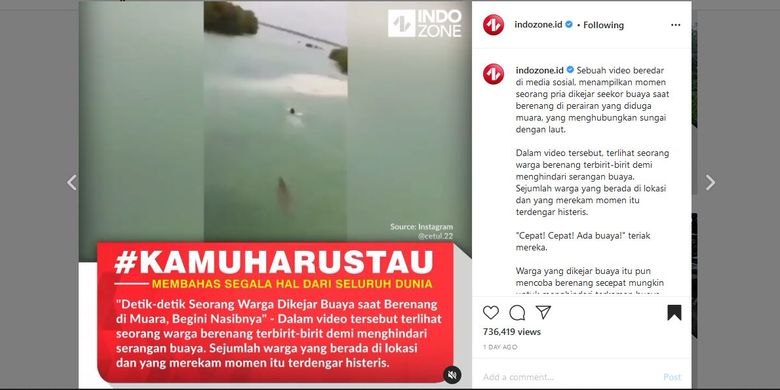 Tangkapan layar unggahan Instagram soal video seseorang dikejar buaya saat berenang
