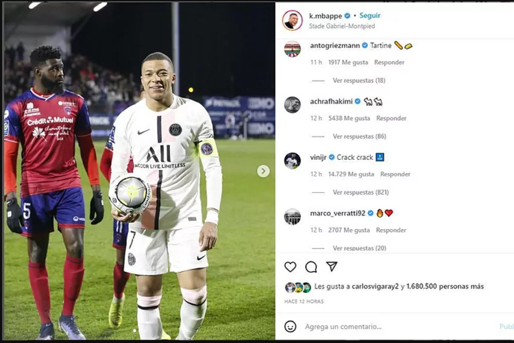 Vinicius Junior memberikan komentar Bintang dalam akun sosial media Kylian Mbappe setelah sang pemain mencetak hat-trick dalam kemenangan 6-1 Paris Saint-Germain atas Clermont Foot, Sabtu (9/4/2022) atau Minggu dini hari WIB.