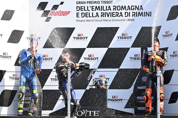 Dari kiri ke kanan, Joan Mir, Maverick Vinales, dan Pol Espargaro di podium MotoGP Emilia Romagna 2020.