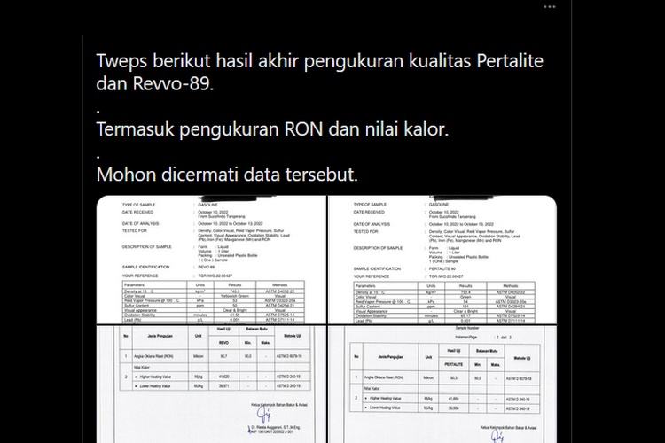 Viral, unggahan hasil uji pengukuran RON pertalite dan revvo 89