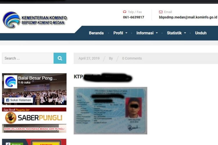 Tangkapan layar dari unggahan foto yang diduga berasal dari website BBPSDMP Kominfo Medan.