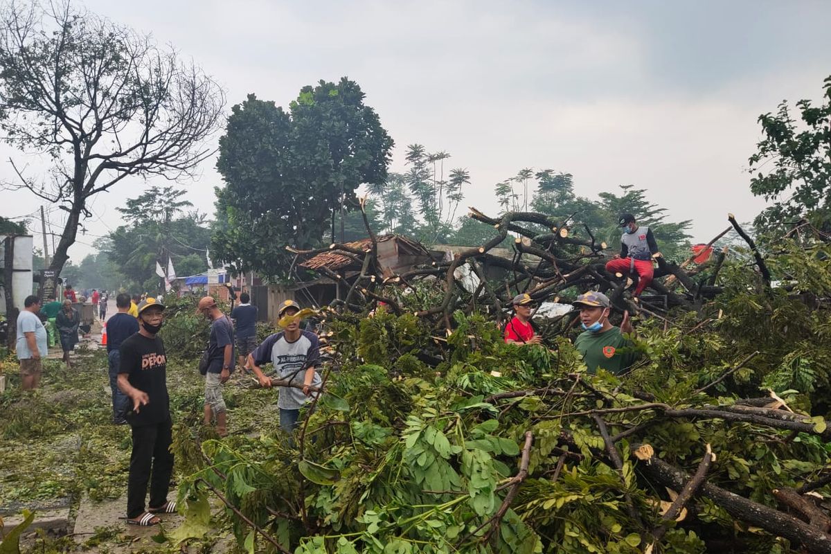 Pohon tumbang akibat angin puting beliung di Duren Seribu, Bojongsari, Depok, Kamis (18/3/2021).