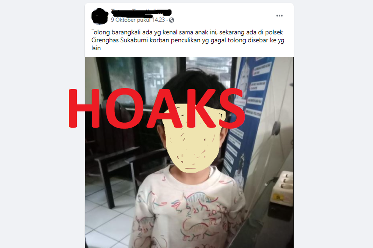 Tangkapan layar informasi mengenai adanya foto seorang anak yang disebut korban penculikan beredar di media sosial pada Senin (4/10/2021).