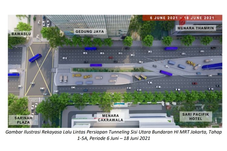 Gambar Ilustrasi Rekayasa Lalu Lintas Persiapan Tunneling Sisi Utara Bundaran HI MRT Jakarta, Tahap 
1-5A, Periode 6 Juni ? 18 Juni 2021