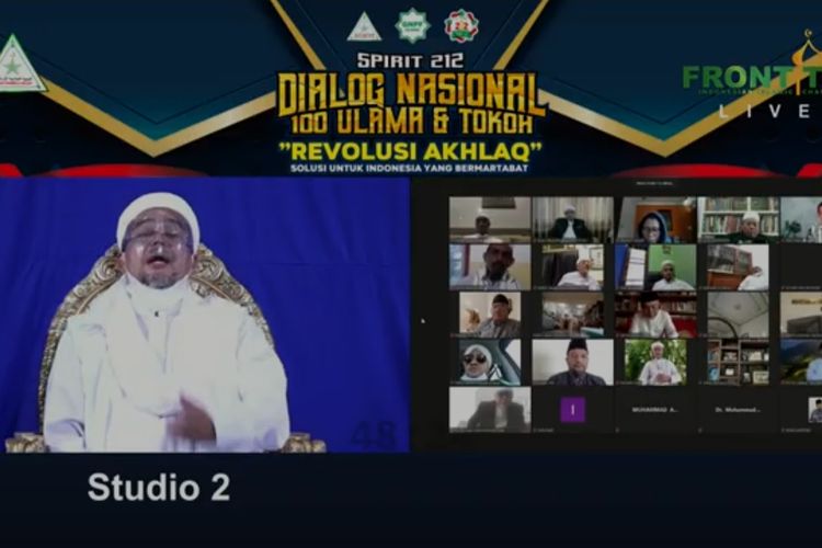 Pimpinan FPI Rizieq Shihab saat menghadiri reuni 212 daring yang disiarkan di Youtube Front TV, Rabu (2/12/2020).