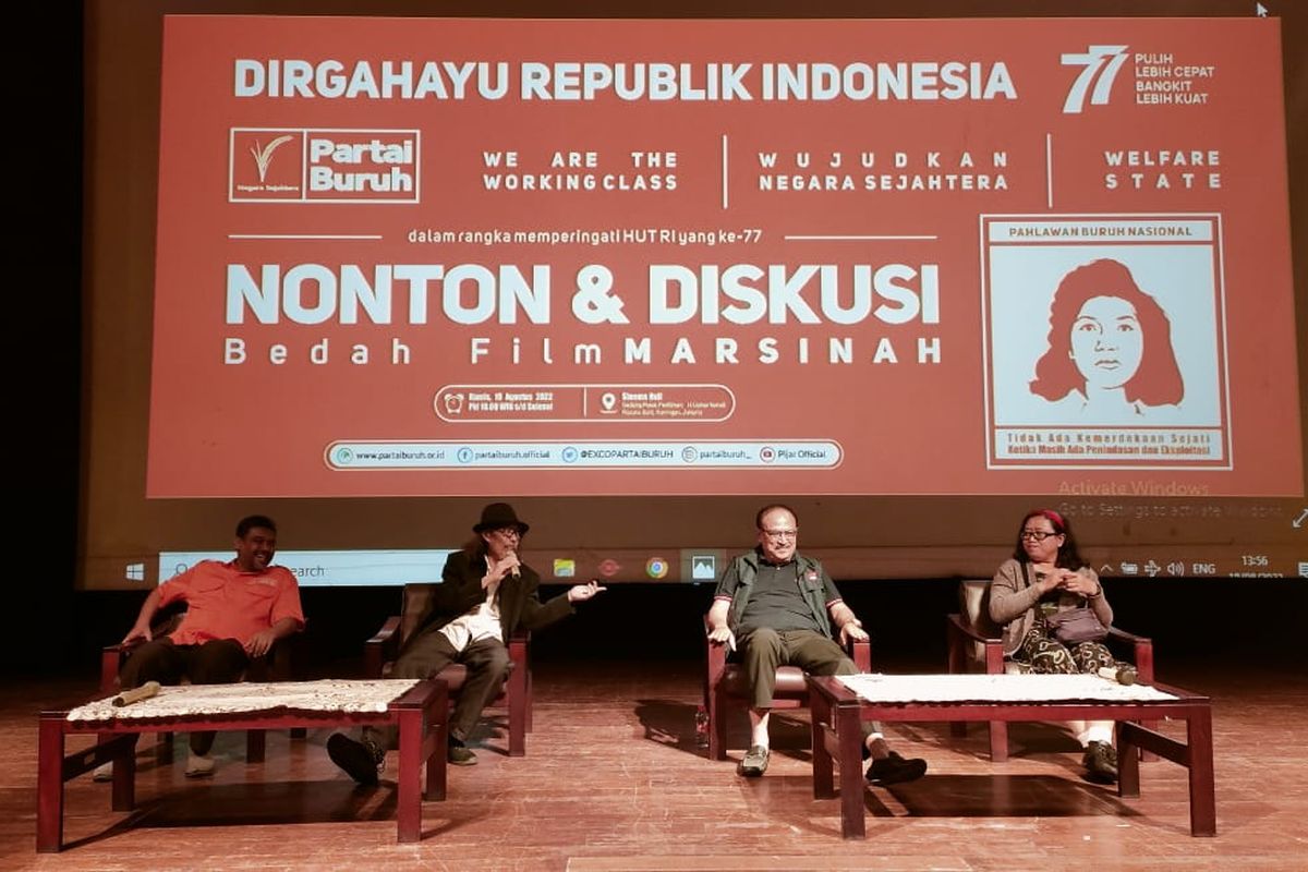 Partai Buruh menggelar nonton bareng serta diskusi film Marsinah di Gedung Pusat Perfiliman H Usmar Ismail, Jakarta, Kamis (18/8/2022).