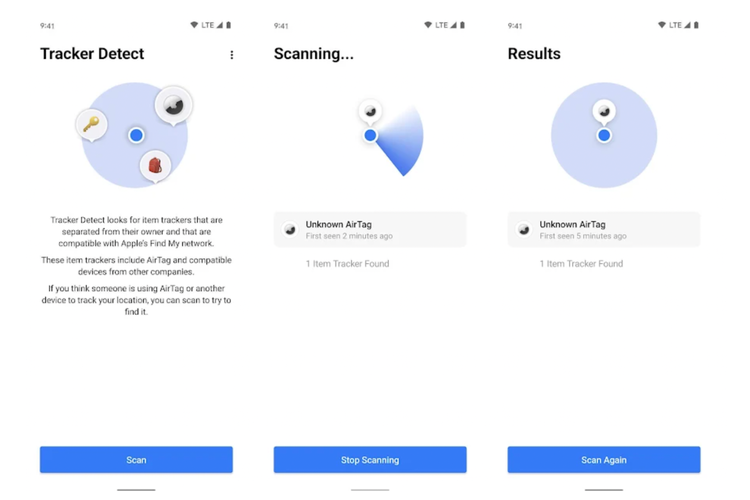 Tangkapan layar fitur Tracker Detect Apple di perangkat Android.