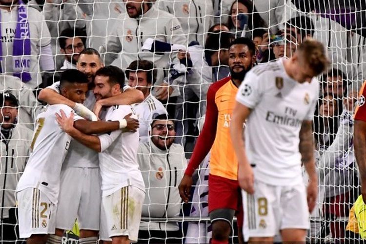 Para pemain Real Madrid merayakan kemenangan atas Galatasaray di Liga Champions, 7 November 2019.