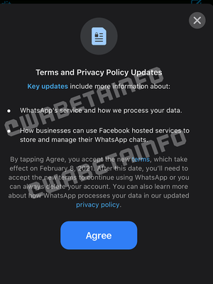Tangkapan layar pengumuman WhatsApp untuk syarat dan ketentuan baru yang berlaku mulai 8 Februari 2021.