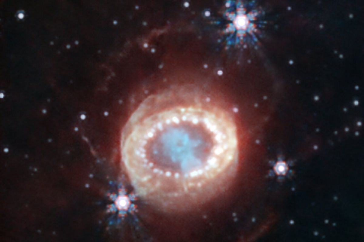 Supernova 1987A, SN 1987A. Foto terbaru supernova paling ikonik yang ditemukan 1987 lalu. Gambar ini diambil dengan kamera canggih dari Teleskop Luar Angkasa James Webb NASA.