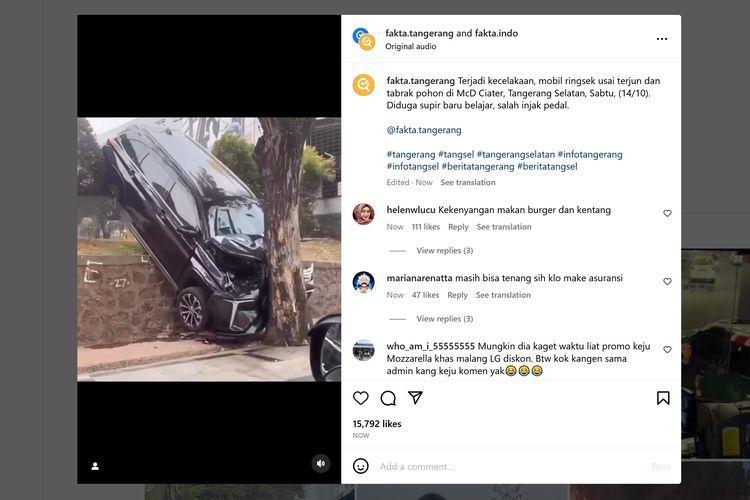 Video viral di media sosial memperlihatkan Toyota Avanza yang menabrak pohon di Ciater, Tangerang Selatan. Diduga mobil pengemudi baru belajar dan salah injak pedal.