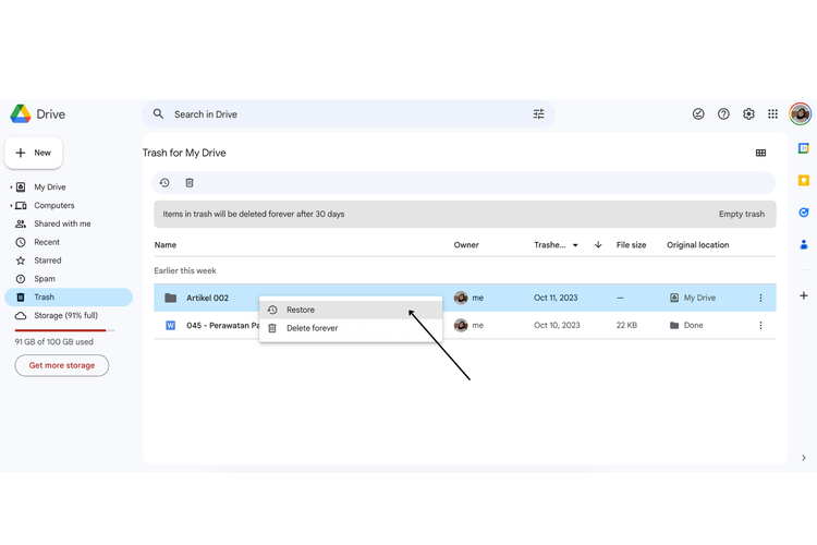 Ilustrasi cara memulihkan file yang terhapus di Google Drive