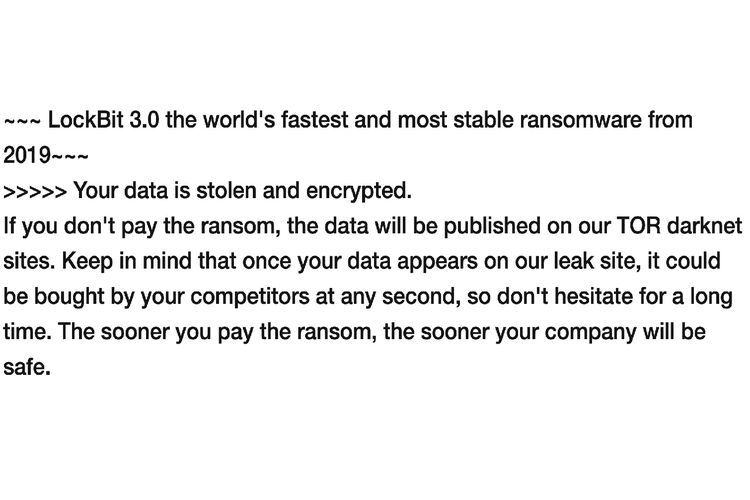 Tampilan pesan peretas yang menggunakan Ransomware LockBit 3.0 untuk mengunci file korban di perangkat dan meminta tebusan.