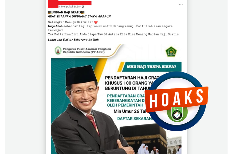 Tangkapan layar Facebook poster pendaftaran undian haji gratis mengatasnamakan Kemenag