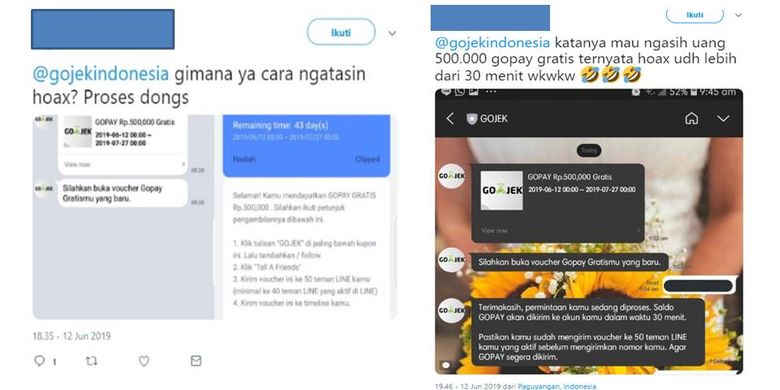 Tangkapan layar informasi palsu bahwa GO-JEK memberikan GOPAY secara cuma-cuma