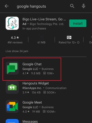Tangkapan layar Google Hangouts tidak muncul dipencarian di Play Store. Ketika mencari Google Hangouts, hasil pertama yang muncul justru aplikasi Google Chat.