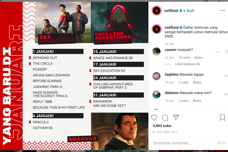Tangkapan Layar Instagram Netflix Indonesia, rekomendasi tayangan di awal tahun 2020