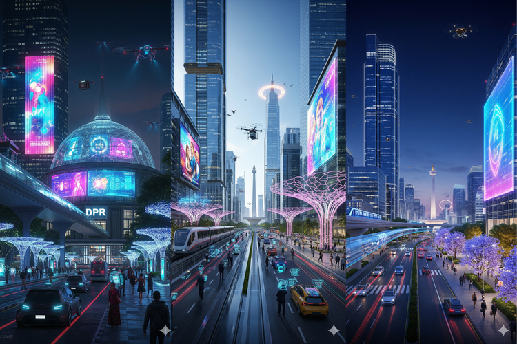Tiga hasil gambar AI Gemini 2.5 Flash saat diminta untuk menggambarkan kota Jakarta di masa depan. Gemini memotret Jakarta dengan elemen gedung-gedung yang didesain variatif. Ada jalur skytrain melayang, mobil dengan visual teknologi yang canggih, hingga detail tugu monas yang tampak proporsional.