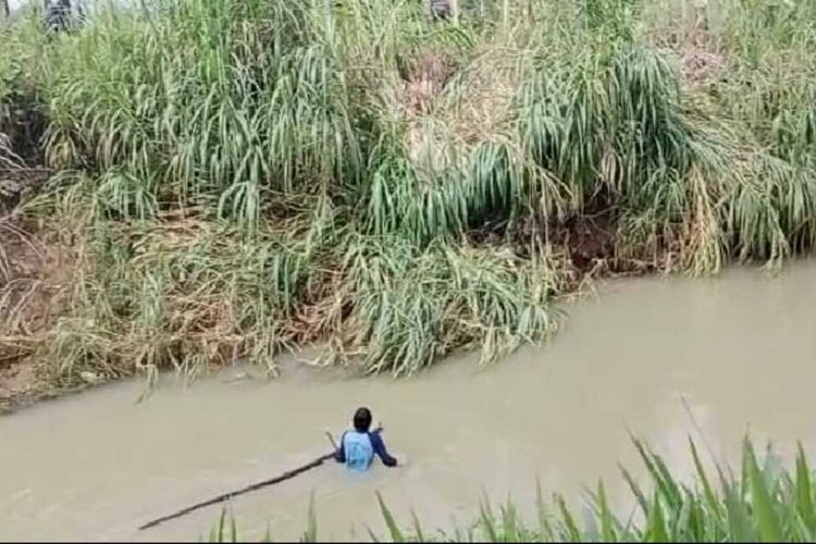 ODGJ pelaku pembacokan terhadap petugas sensus penduduk di Desa Sibrama, Kecamatan Kemranjen, Kabupaten Banyumas, Jawa Tengah, menceburkan diri ke sungai saat akan ditangkap polisi, Rabu (12/10/2022).