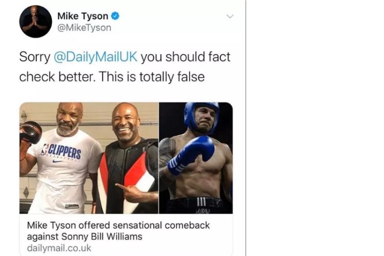 Kicauan Mike Tyson kepada Daily Mail yang telah dihapus. 