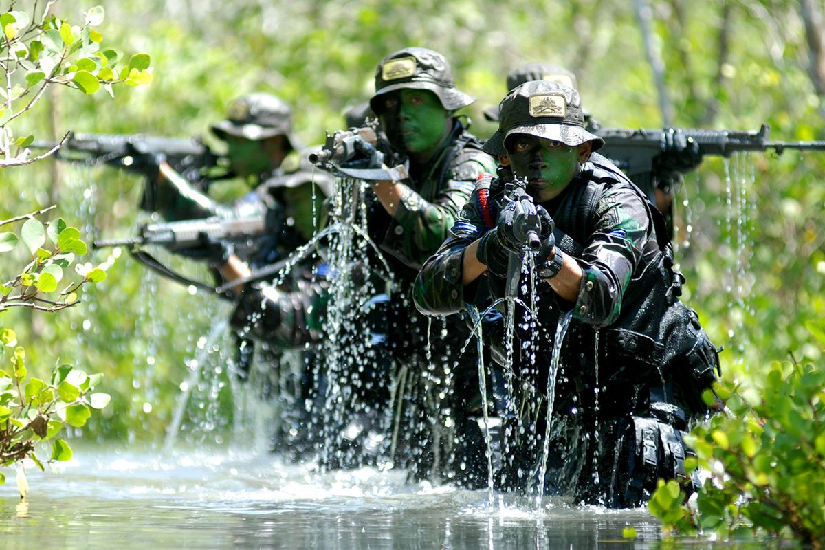 Prajurit pasukan khusus Intai Amfibi Marinir TNI AL melakukan Swamp Forest Patrol atau patroli dalam rawa kawasan hutan bakau Parang Kursi, Lampon, Pesanggaran, Banyuwangi, Jawa Timur, Rabu (8/4). Latihan tersebut merupakan bagian dari Latihan Standar Kemampuan Perorangan Dasar (SKPD) dan Latihan Standar Kemampuan Perorangan Lanjutan (SKPL), yang terdiri dari menembak reaksi dan barikade, menembak tempur offensif serta melaksanakan patroli intai tempur dan taktik kondisi tertentu. ANTARA FOTO/M Risyal Hidayat/ss/ama/15