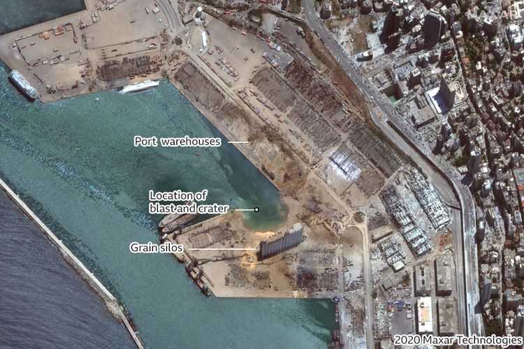 Pelabuhan Beirut pada 5 Agustus 2020 setelah ledakan terjadi.