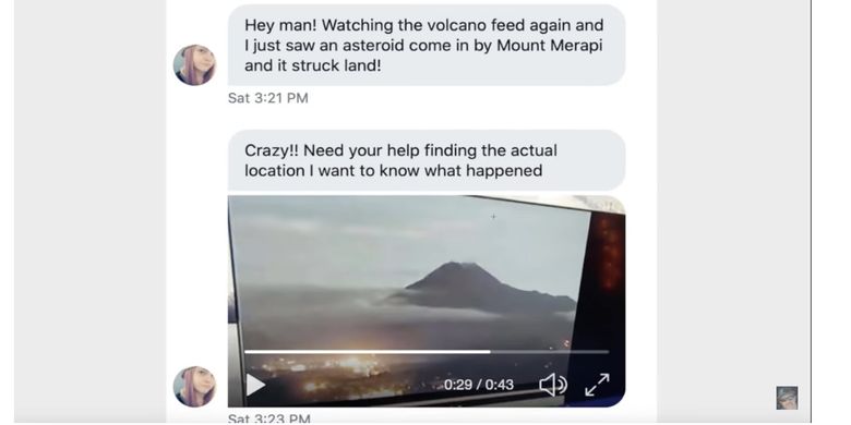 Gambar cuplikan video asteroid menabrak Gunung Merapi. Video ini dikirimkan Jenni J dan diunggah di akun Youtube, MrMBB333. Video ini viral, setelah Gunung Merapi di Jawa Tengah itu erupsi pada Selasa (3/3/2020) lalu.