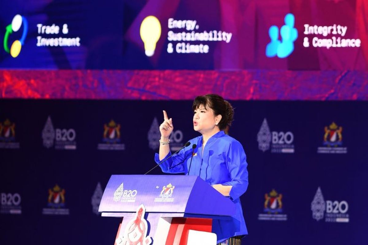 Chair of B20 Indonesia Shinta Kamdani speaks during the B20 Summit on the Indonesian resort island of Bali. 