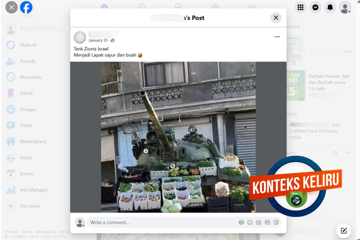 Tangkapan layar konten dengan konteks keliru di sebuah akun Facebook, mengenai tank milik Israel yang dijadikan lapak sayur.