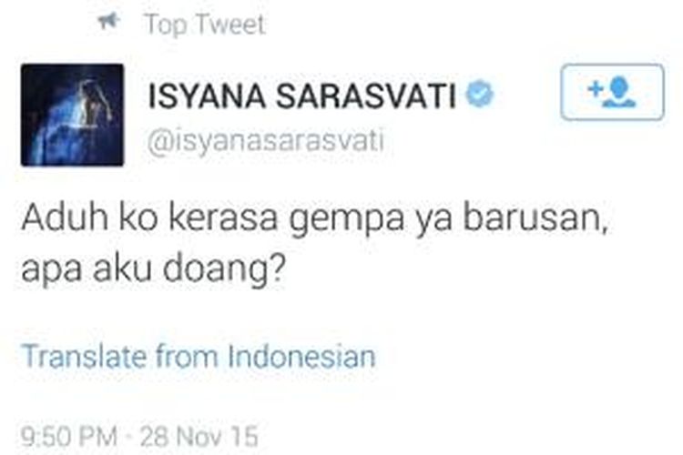 Isyana Sarasvati berkicau telah merasakan gempa yang terjadi di Jakarta, Sabtu (28/11/2015) malam. Gempa yang terasa getarannya hingga Jakarta, Bekasi, Bogor, dan sekitarnya berpusat di perairan Kabupaten Pandeglang, Banten.