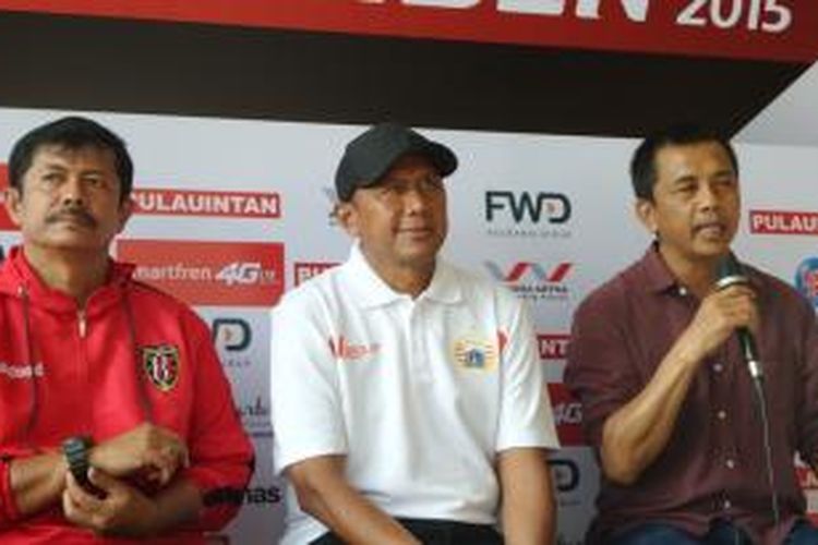 Pelatih tiga klub penghuni Grup A Piala Presiden 2015. Dari kiri ke kanan: Indra Sjafri (Bali United), Rahmad Darmawan (Persija), Jafri Sastra (Mitra Kukar)