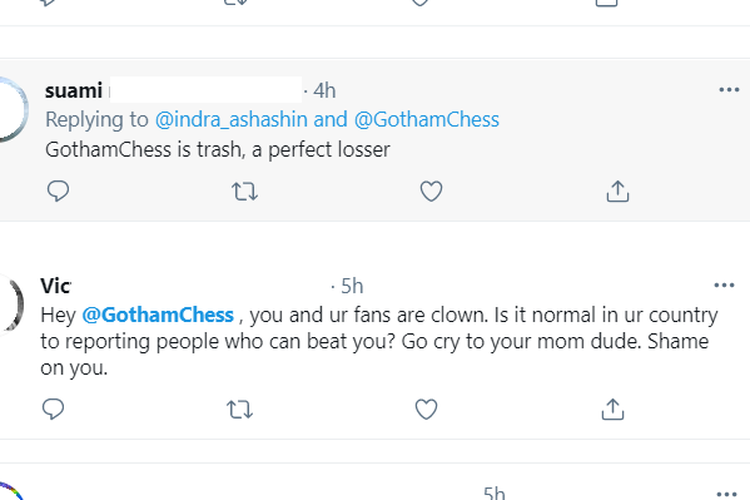 Screenshot of Indonesian netizens bombarding Chess.com Grand Master Levy Rozman's Twitter account @GothamChess