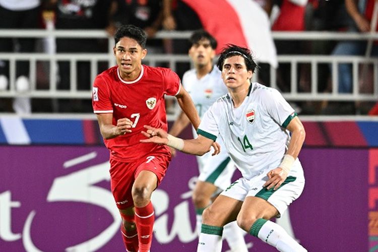 Aksi Marselino pada pertandingan Irak vs Indonesia dalam perebutan peringkat ketiga Piala Asia U23 2024 di Stadion Abdullah bin Khalifa, Doha, Qatar, Kamis (2/5/2024) pukul 22.30 WIB.