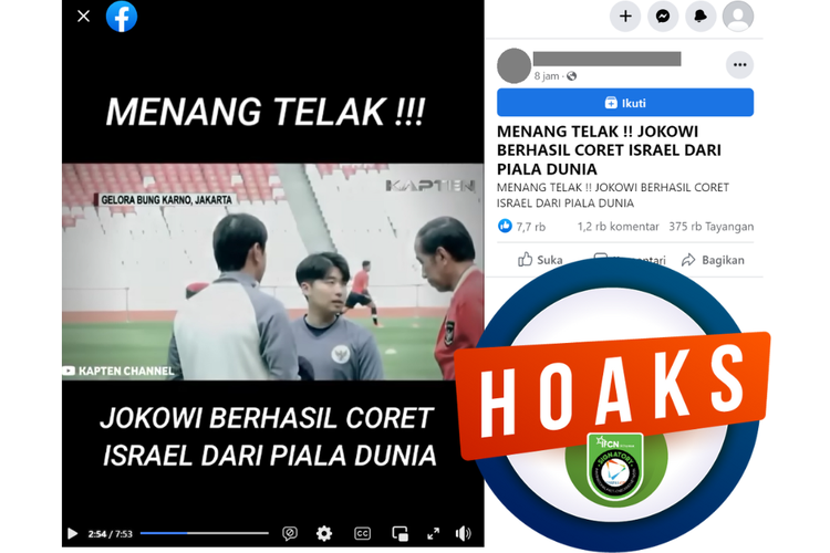 Tangkapan layar unggahan dengan narasi hoaks di sebuah akun Facebook, Rabu (5/4/2023), soal video di Facebook menyebut Jokowi berhasil mencoret Israel dari Piala Dunia.