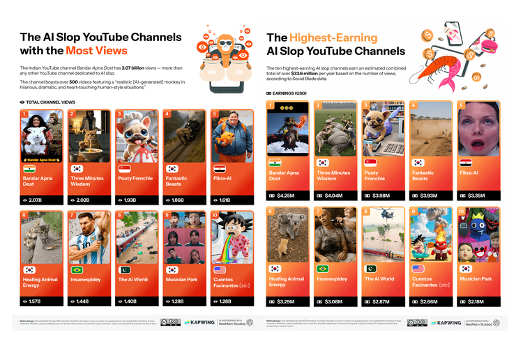 Bandar Apna Dost asal India jadi channel YouTube AI slop dengan view terbanyak, meraih sekitar 2,4 miliar view. 
